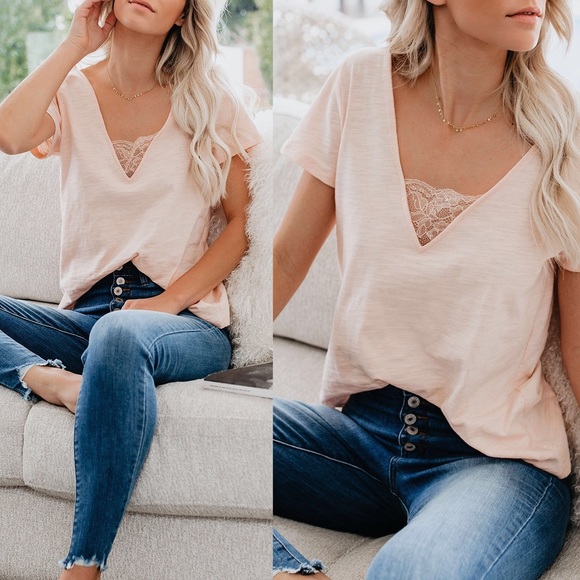 NEW! V-Neck Basic Lace Tee | Blush - Picture 6 of 6